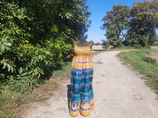 Langes Kleid im Tye-and-Dye-Stil in Indigo-Batik-Optik, mehrfarbig