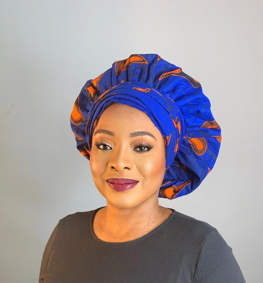 Satinhaube im blauen Turban | Mit Satin gefütterter Wachs-Turban