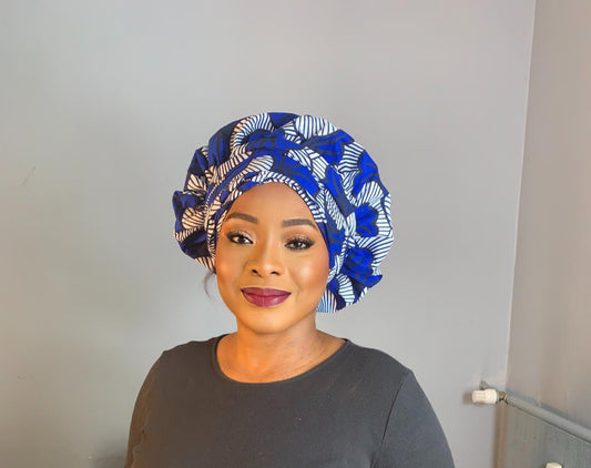 Blaues Set aus Wachssatin-Ohrringen und Haube | Wachsturban mit Satinfutter