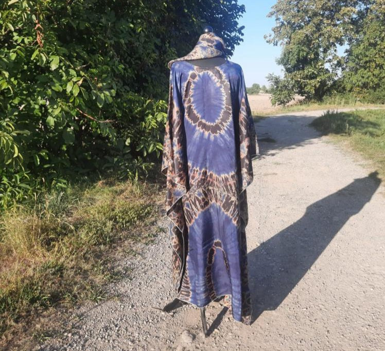 Boubou en Soie Adiré Caftan Bleu - Robe Longue 100% Soie Tie and Dye Adire Silk Batik