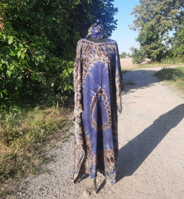 Boubou en Soie Adiré Caftan Bleu - Robe Longue 100% Soie Tie and Dye Adire Silk Batik
