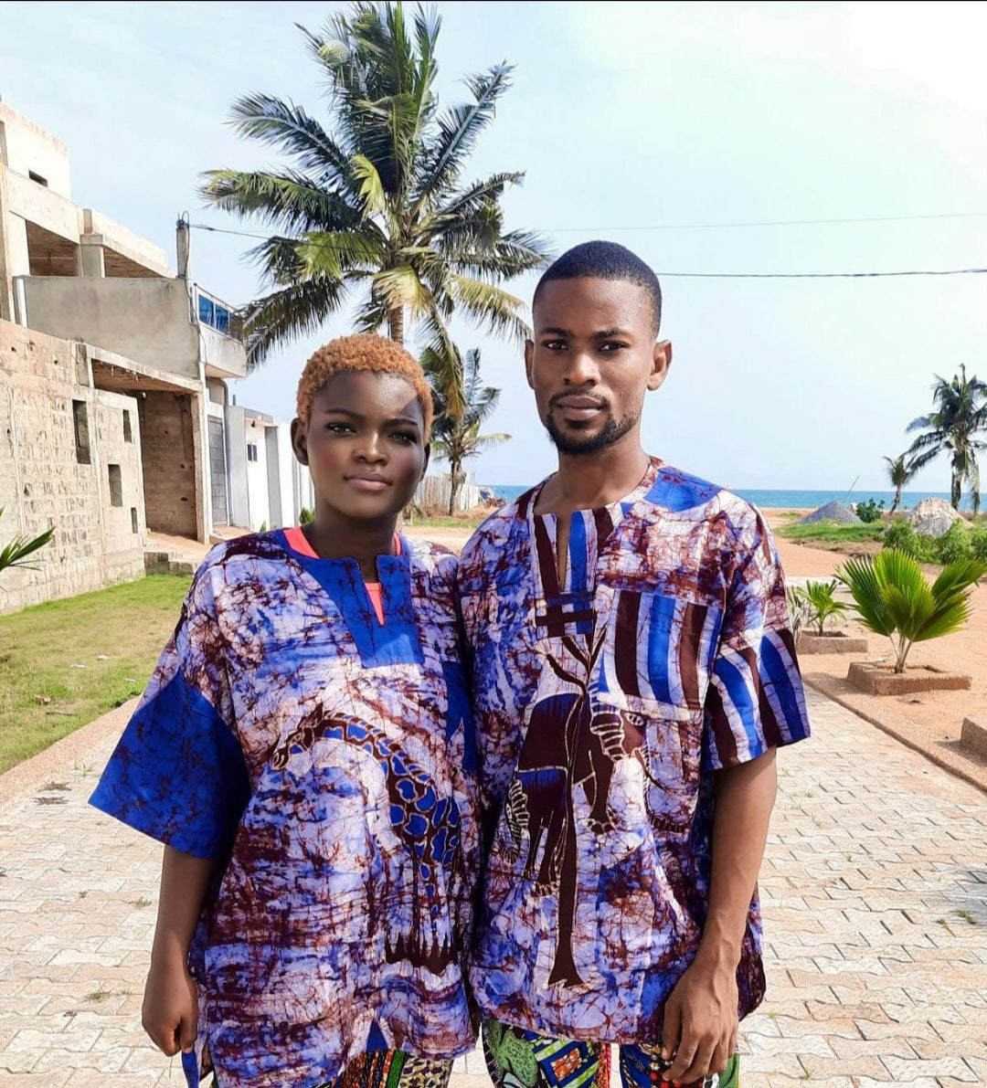 Chemise Mixte Batik Motif Animaux Safari en Coton - Éléphant Bleu
