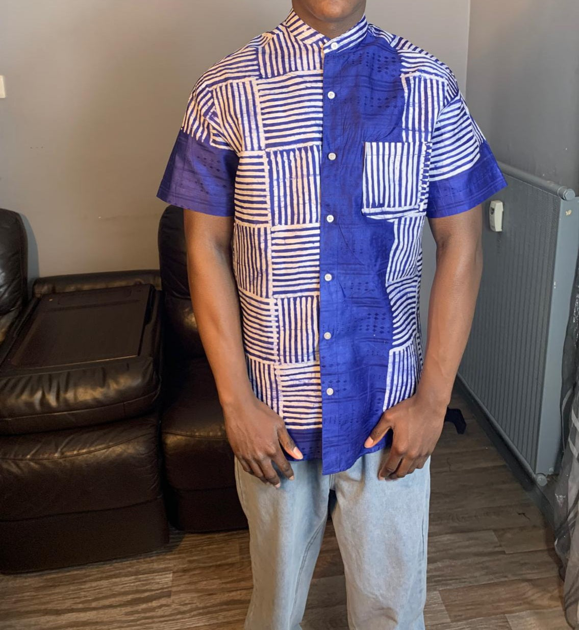 Chemise Homme Batik Bazin Adire Kampala Col mao