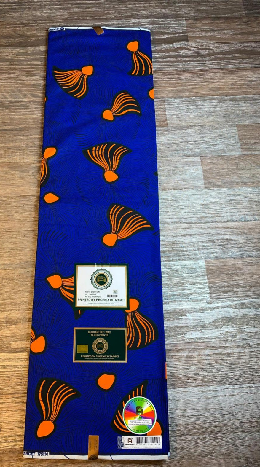 Tissus Wax Africain 100% Coton Ankara 1 à 12 yards Wax Hitarget Balai Bleu Orange.
