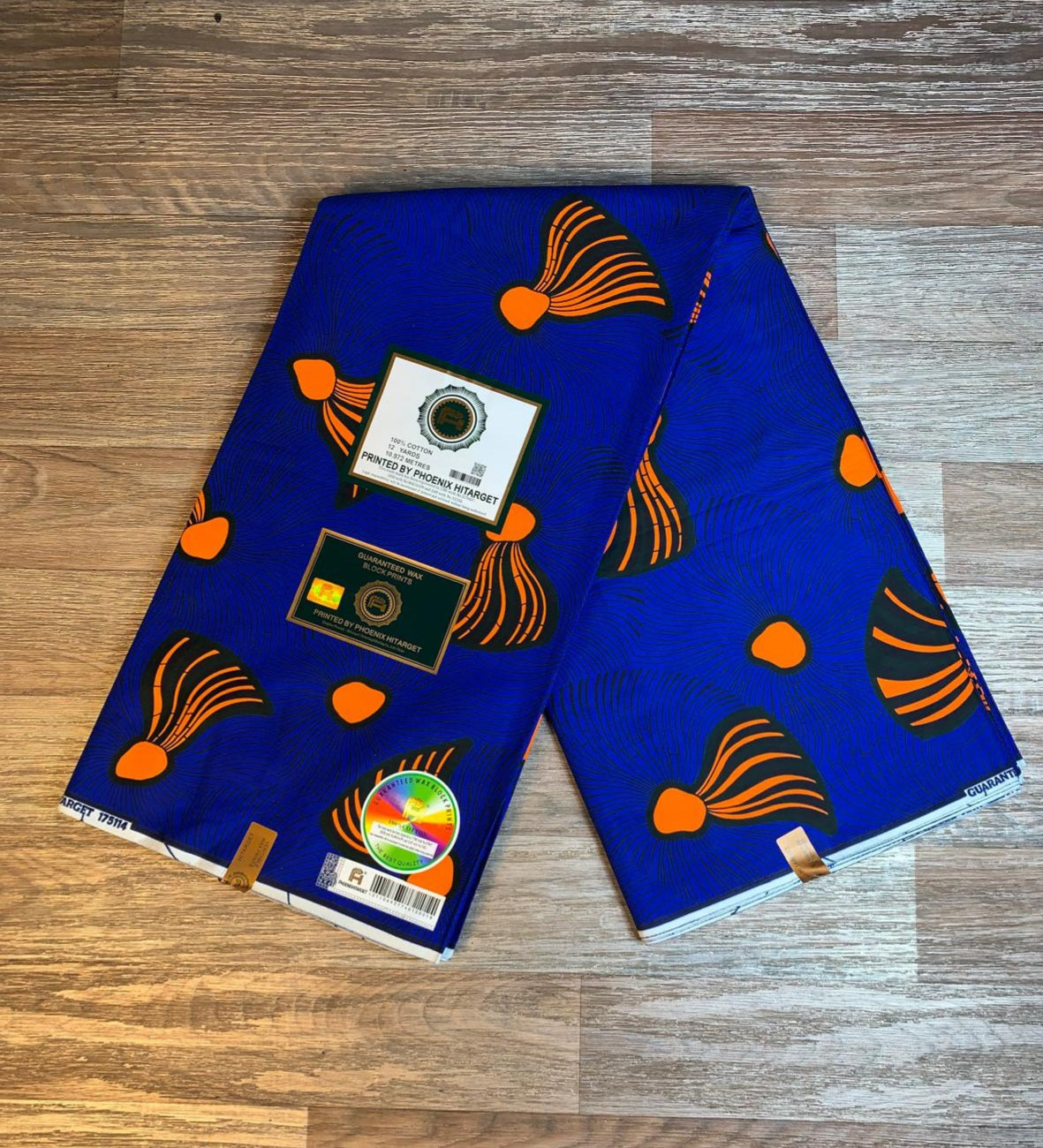 Tissus Wax Africain 100% Coton Ankara 1 à 12 yards Wax Hitarget Balai Bleu Orange.