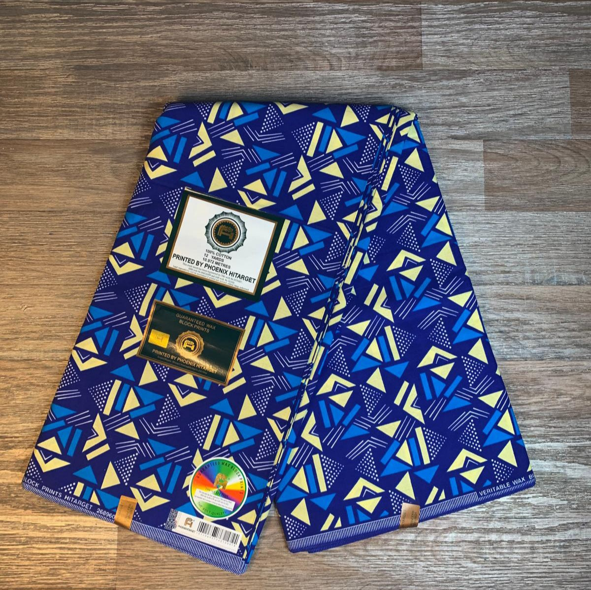 Tissus Wax Africain 100% Coton Ankara 1 à 12 yards Wax Hitarget motif : Bogolan Design Ethnique bleu jaune