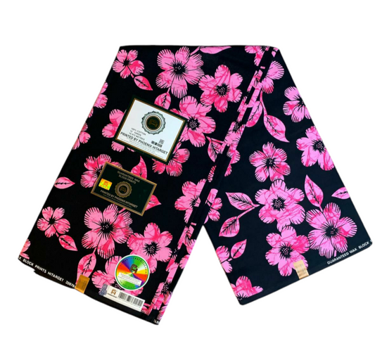 Afrikanischer Wachsstoff, 100 % Baumwolle, Ankara-Design, 1 bis 5 Yards, Authentisches Wachsmuster von Hitarget: Orchideenblüte, Designkollektion in Schwarz und Pink.