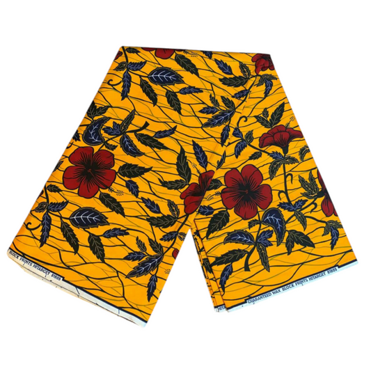 Afrikanischer Wachsstoff, 100 % Baumwolle, Ankara, 1 bis 6 Yards, authentisches Hitarget-Wachsmuster: Roter und gelber Hibiskus