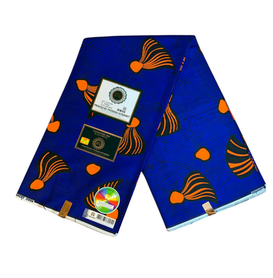 Afrikanischer Wachsstoff, 100 % Baumwolle, Ankara-Design, 1 bis 12 Yards, authentisches Wachsmuster von Hitarget: Blauer und orangefarbener Besen.