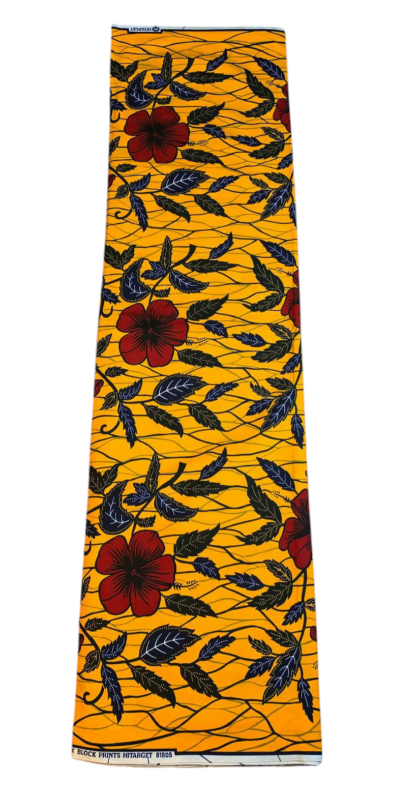 Tissus Wax Africain 100% Coton Ankara 1 à 6 yards Wax Hitarget motif : Hibiscus Rouge et Jaune