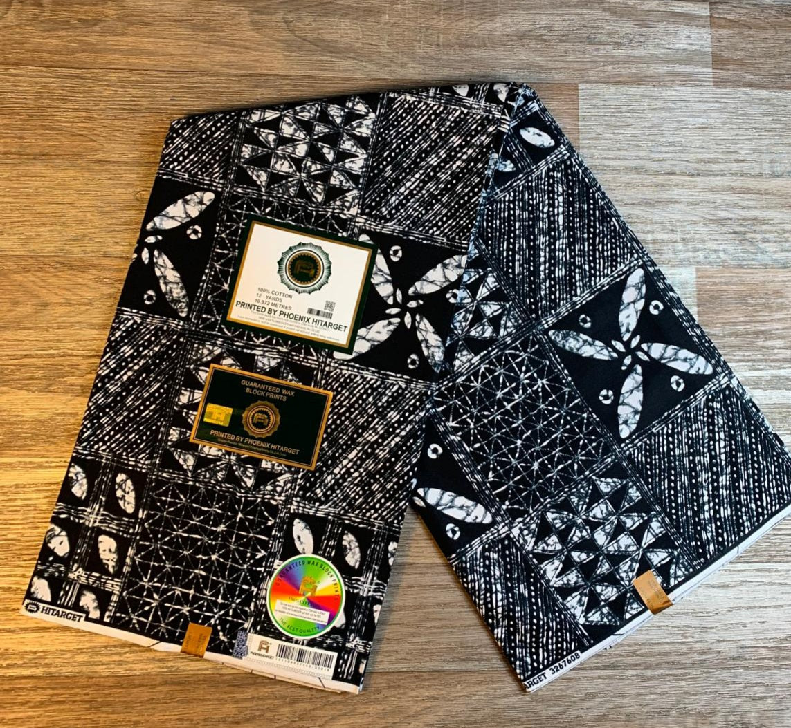 Tissus Wax Africain 100% Coton Ankara 1 à 6 yards Wax Hitarget Design Ethnique Yoruba Blanc et Noir