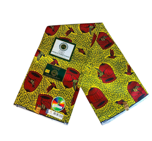 Afrikanischer Wachsstoff, 100 % Baumwolle, Ankara-Design, 1 bis 6 Yards, Authentisches Wachs-Hitarget-Muster: Vögel in Käfigen.