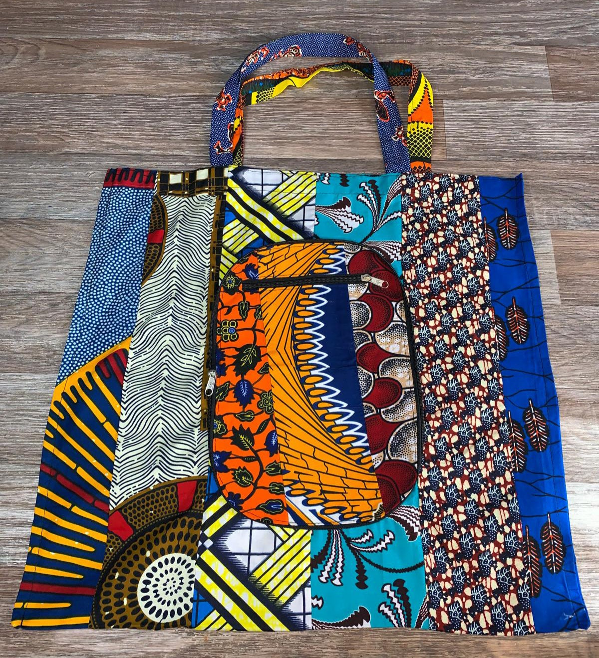 Tote Bag Patchwork En Wax 100% Coton, Ankara, XXL Pliable avec Fermeture Éclaire. Wax de Qualité supérieure.