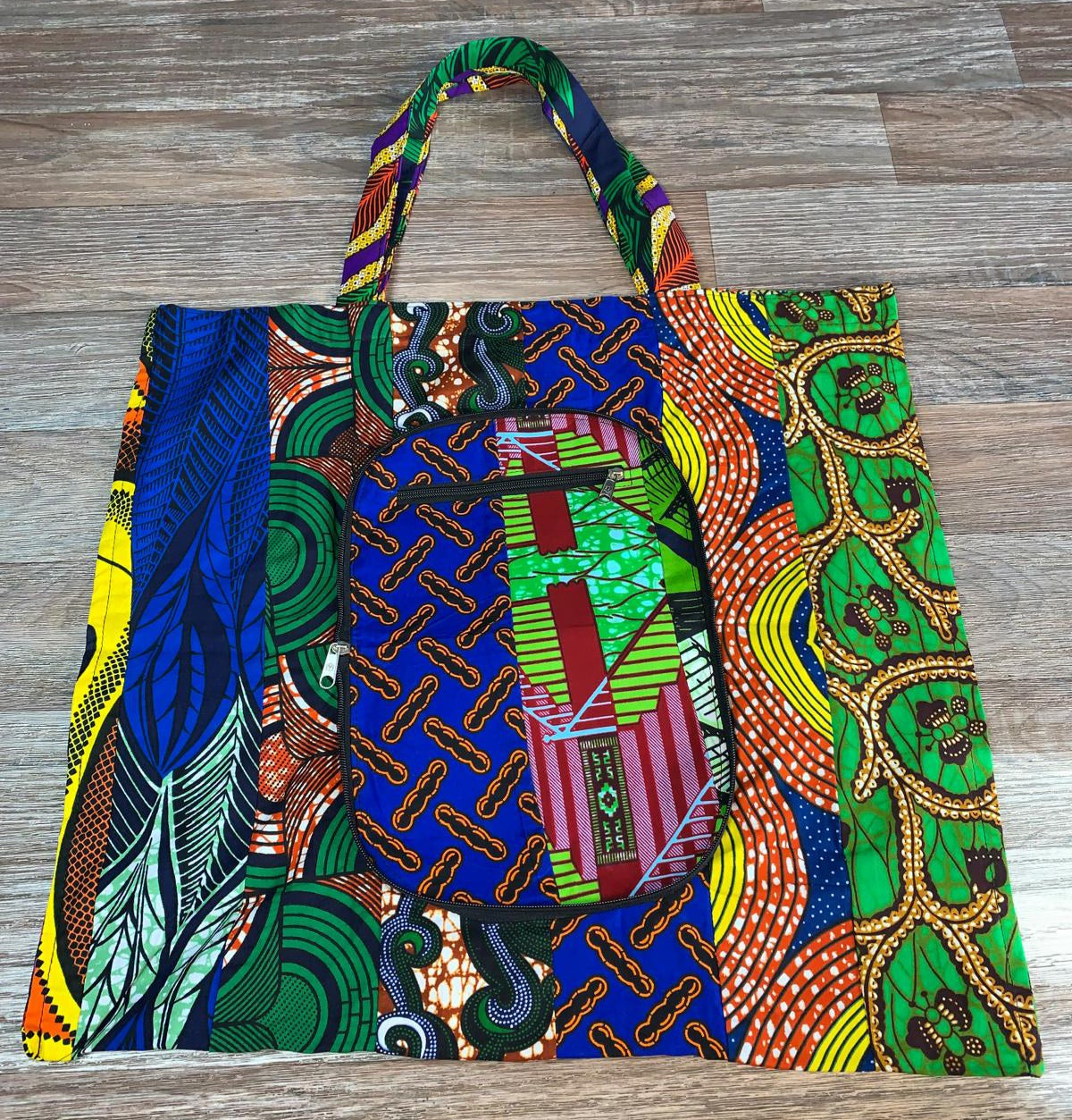 Tote Bag Patchwork En Wax 100% Coton, Ankara, XXL Pliable avec Fermeture Éclaire. Wax de Qualité supérieure.