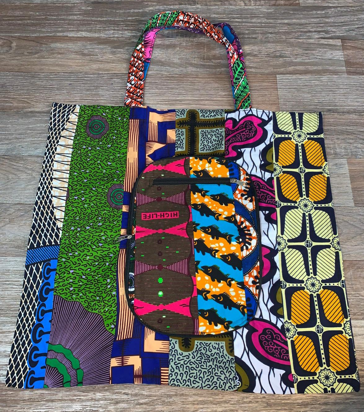 Tote Bag Patchwork En Wax 100% Coton, Ankara, XXL Pliable avec Fermeture Éclaire. Wax de Qualité supérieure.