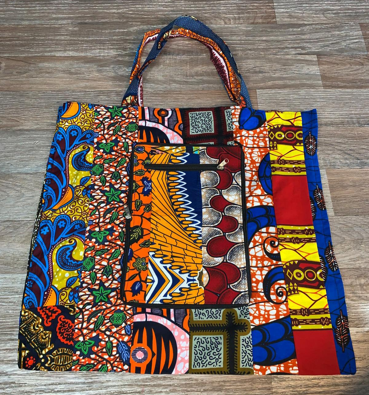 Tote Bag Patchwork En Wax 100% Coton, Ankara, XXL Pliable avec Fermeture Éclaire. Wax de Qualité supérieure.