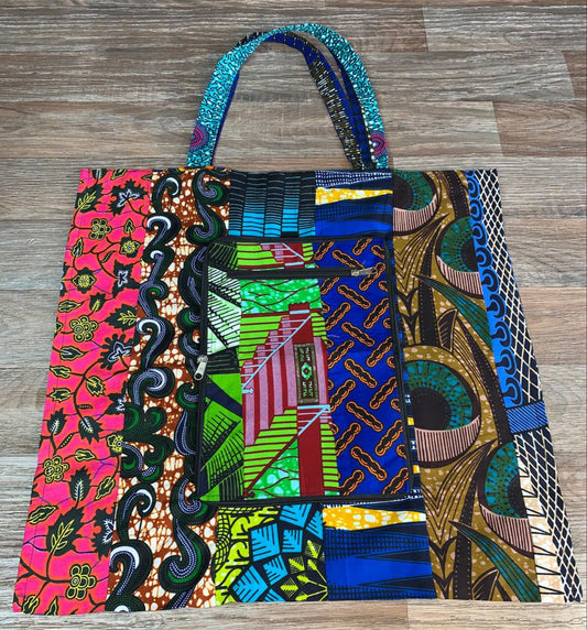 Tote Bag Patchwork En Wax 100% Coton, Ankara, XXL Pliable avec Fermeture Éclaire. Wax de Qualité supérieure.