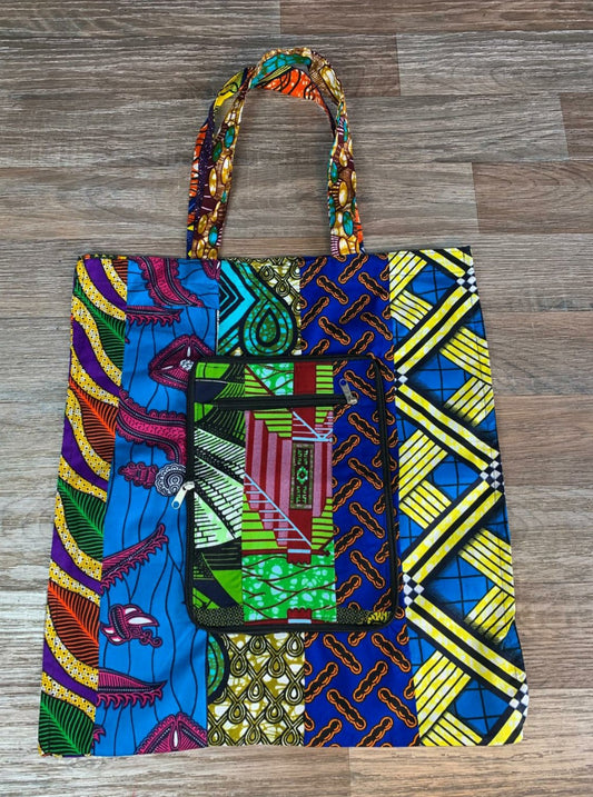 Tote Bag Patchwork En Wax. Wax 100% Coton XL Pliable avec Fermeture Éclaire. Wax de qualité supérieure