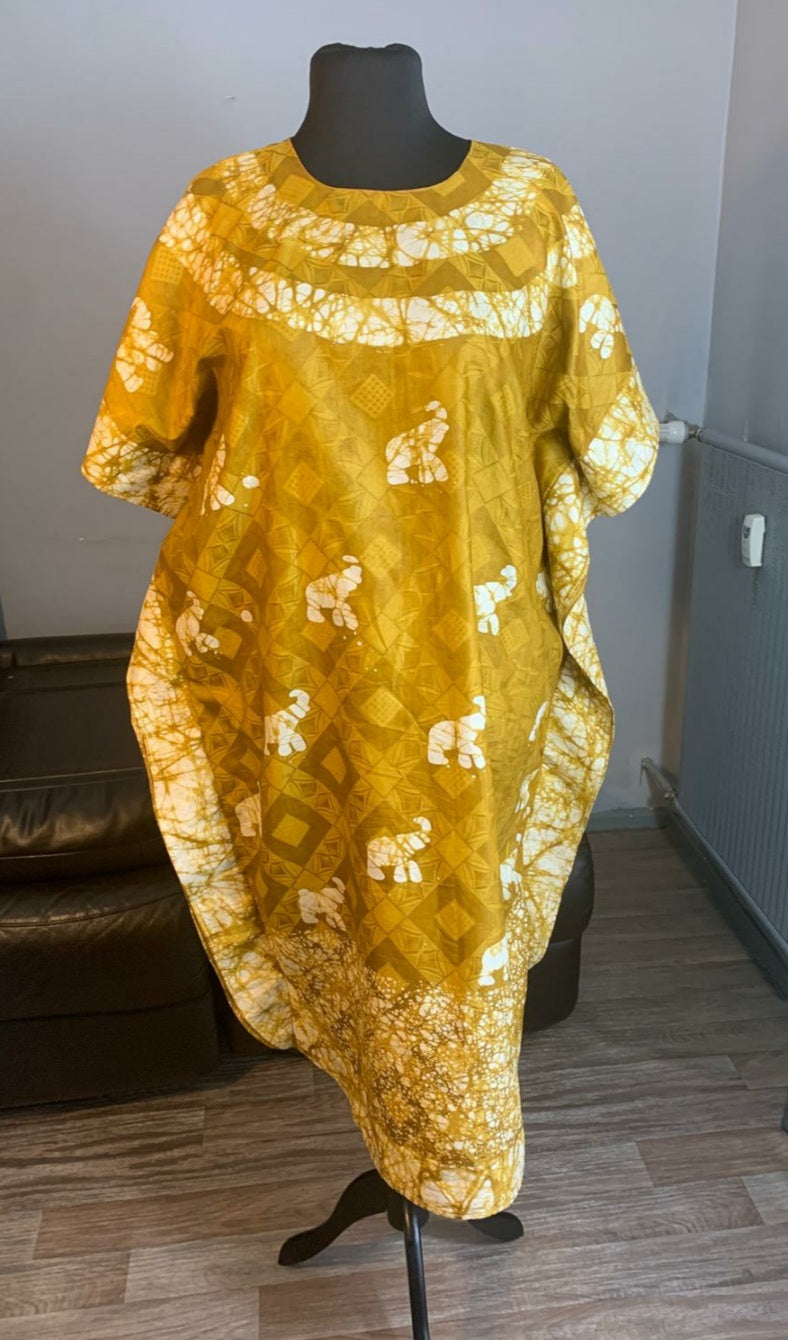 Robe Bazin Batik Moutarde Style Bohème Motif Éléphants Robes Moutarde Design, l'art 100% Coton très doux