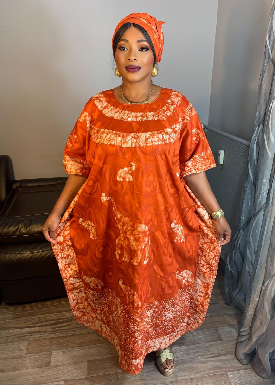 Robe Longue Bazin Batik Style Bohème a Motifs avec Foulard 100% Coton très doux design art