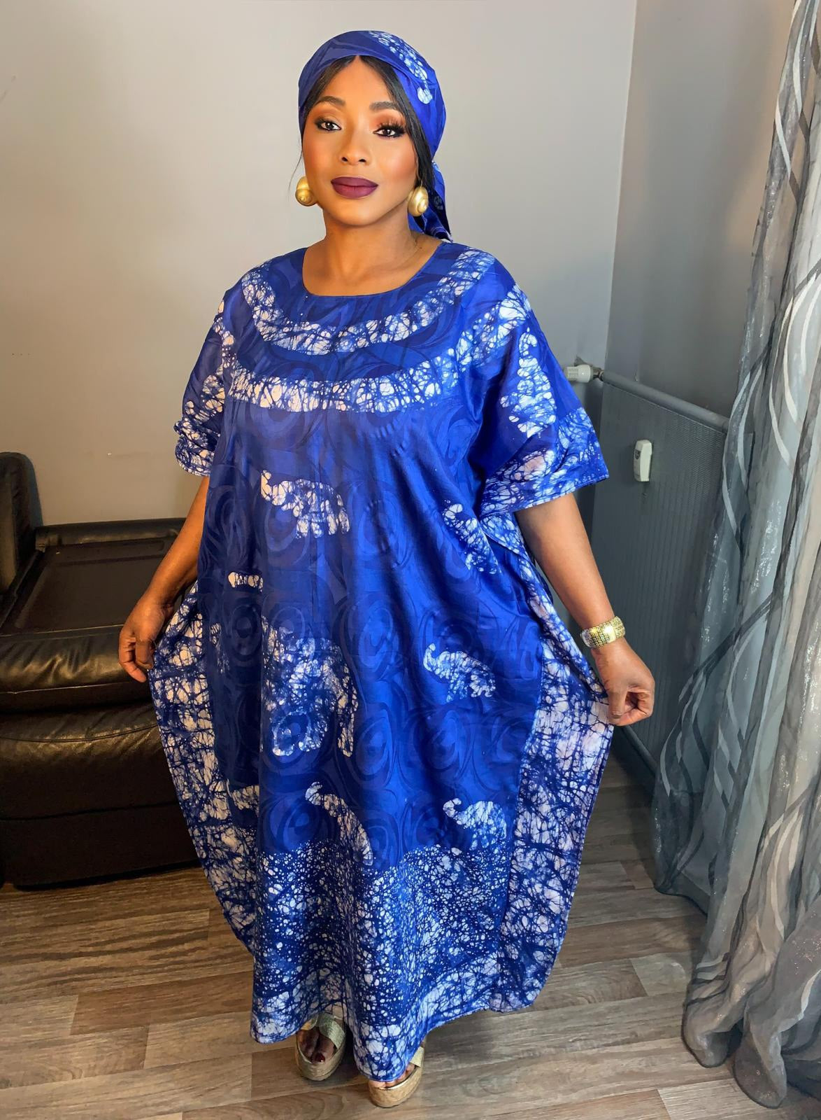 Robe Longue Bazin Batik Style Bohème a Motifs avec Foulard 100% Coton très doux design art