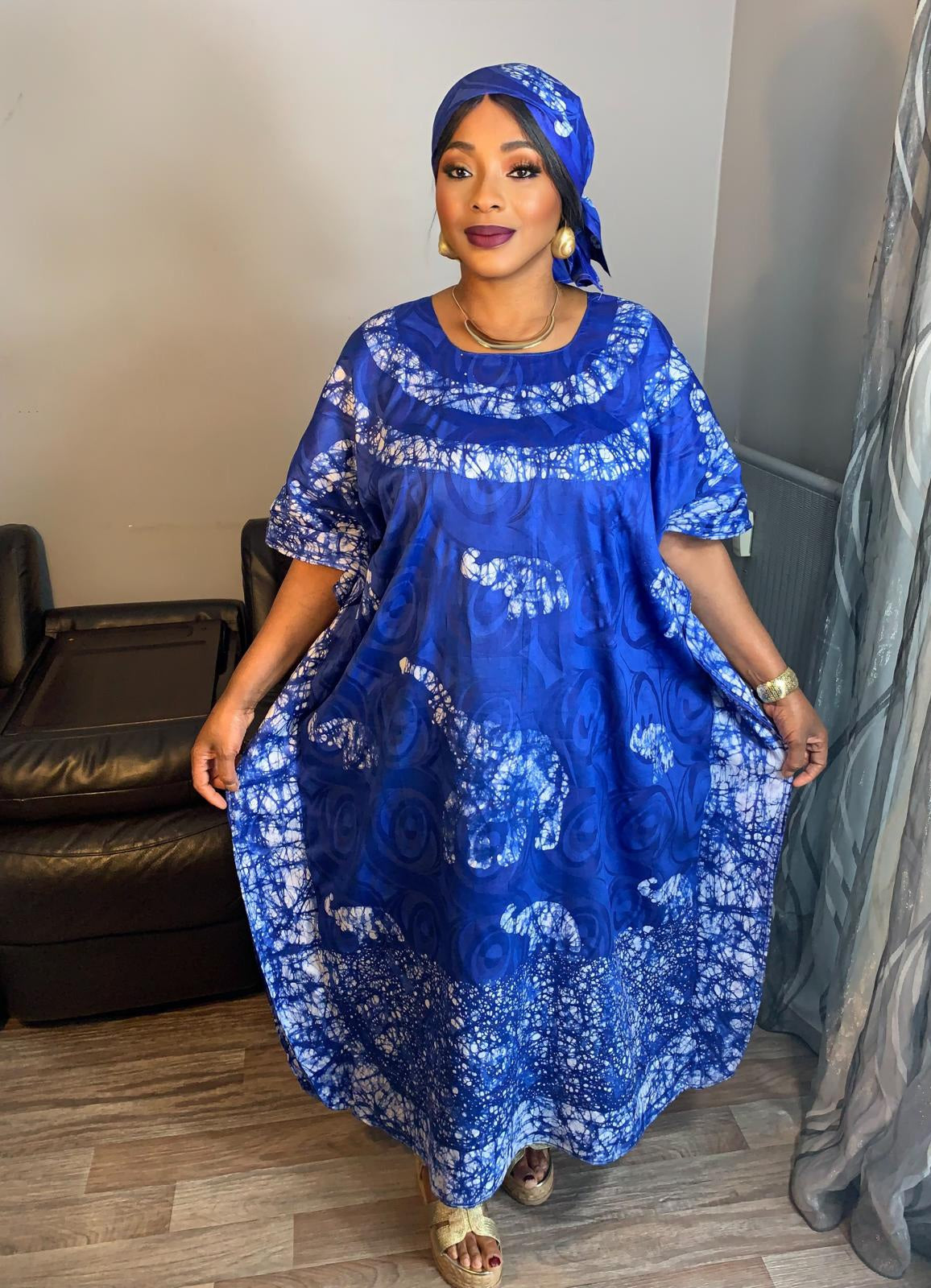 Robe Longue Bazin Batik Style Bohème a Motifs avec Foulard 100% Coton très doux design art