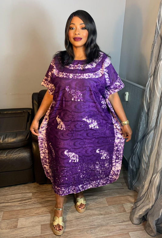 Robe Bazin Batik Style Bohème Robe à Motifs. Violet  Motifs:   Éléphants L'art 100% Coton Très Doux.