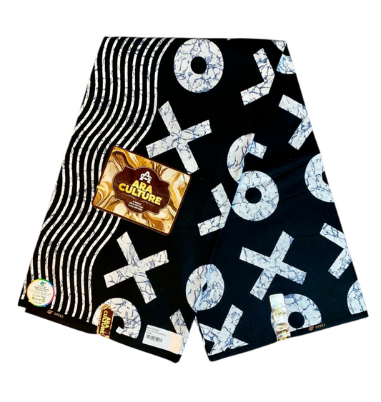 Tissus Wax Africain 100% Coton Ankara Wax Marque Era Culture Motif OX L'original  2, 4 et 6 yards Noire Blanc