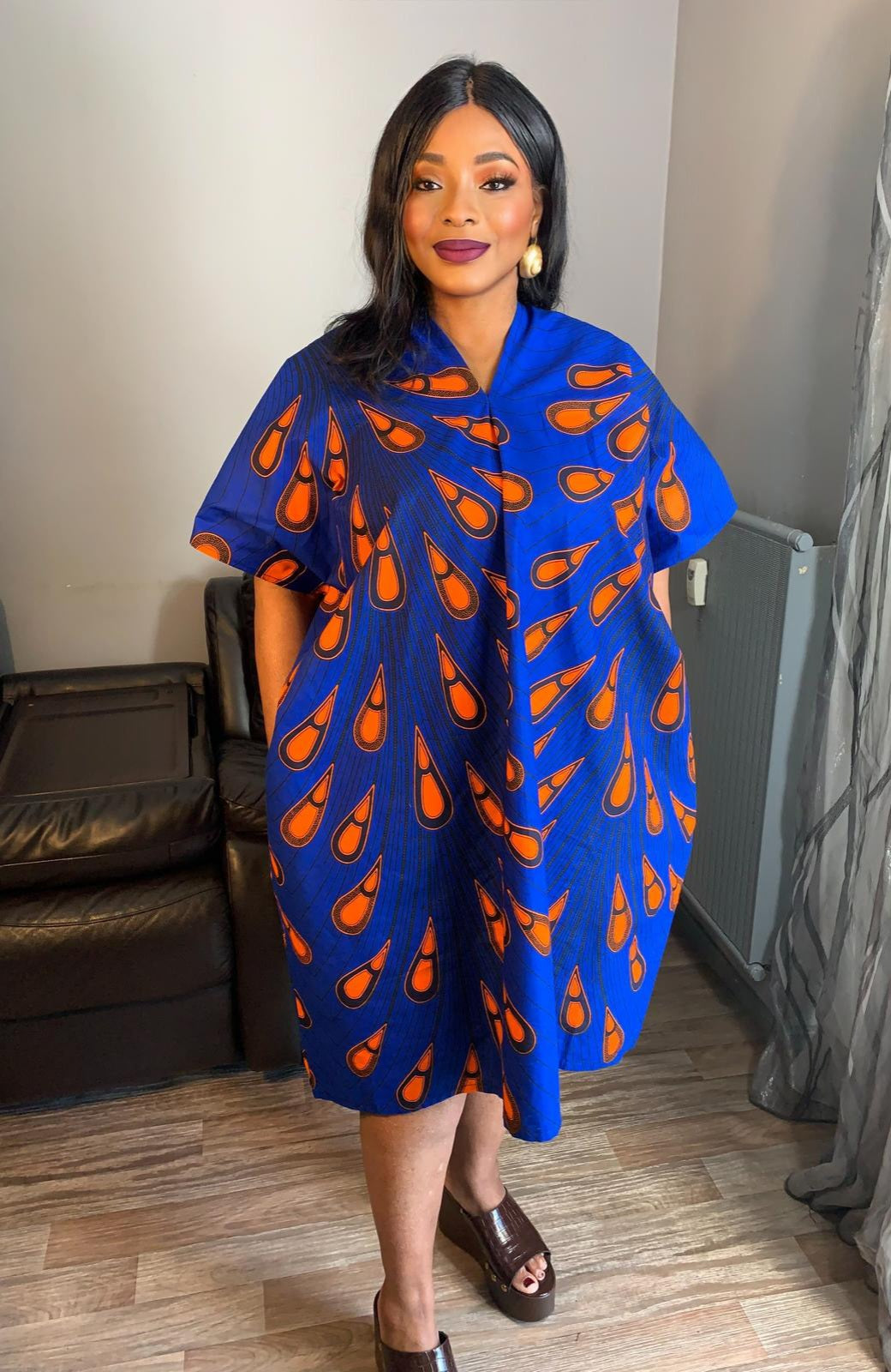 Robe Femme Wax, Ankara 100% Coton Robe Midi motif : Ampoules Orange