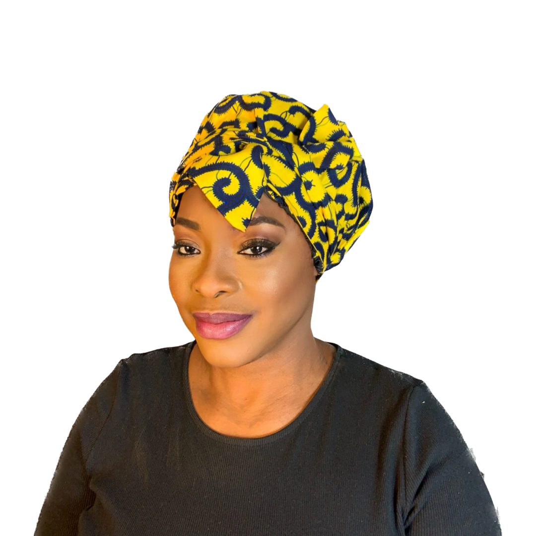Satin Bonnet in Turban Yellow Blue | Wax Turban with Satin Lining