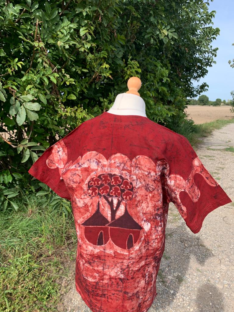 Mixed Batik Safari Animal Pattern Cotton Shirt - Burgundy Red