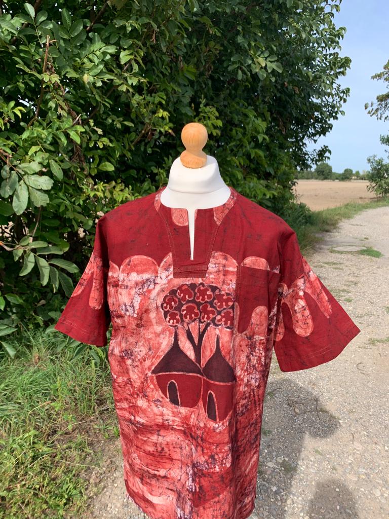 Mixed Batik Safari Animal Pattern Cotton Shirt - Burgundy Red