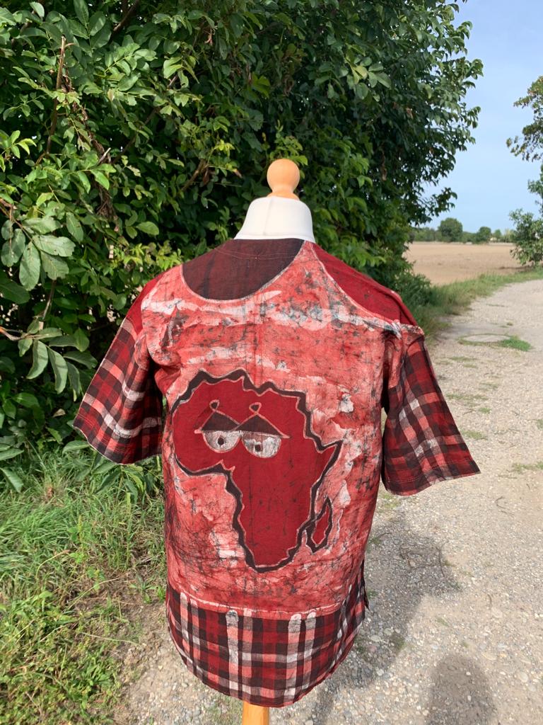 Mixed Batik Safari Animal Pattern Cotton Shirt - Burgundy Red