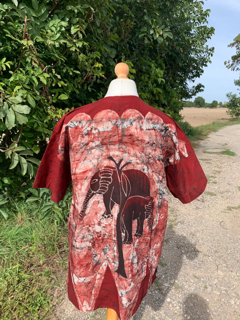 Chemise Mixte, Batik, Bordeaux, Manches Courtes, Unies, Motif Maman Éléphants .