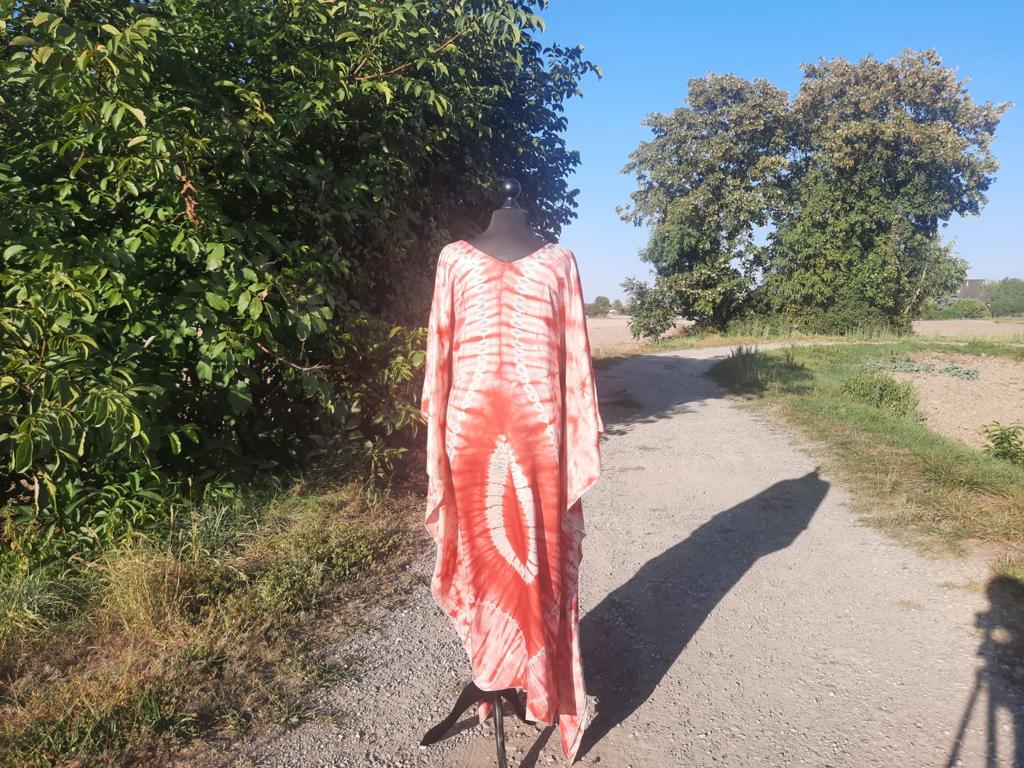 Silk Boubou Adiré Caftan Red White - Long Tie and Dye Silk Dress Adire Silk Batik