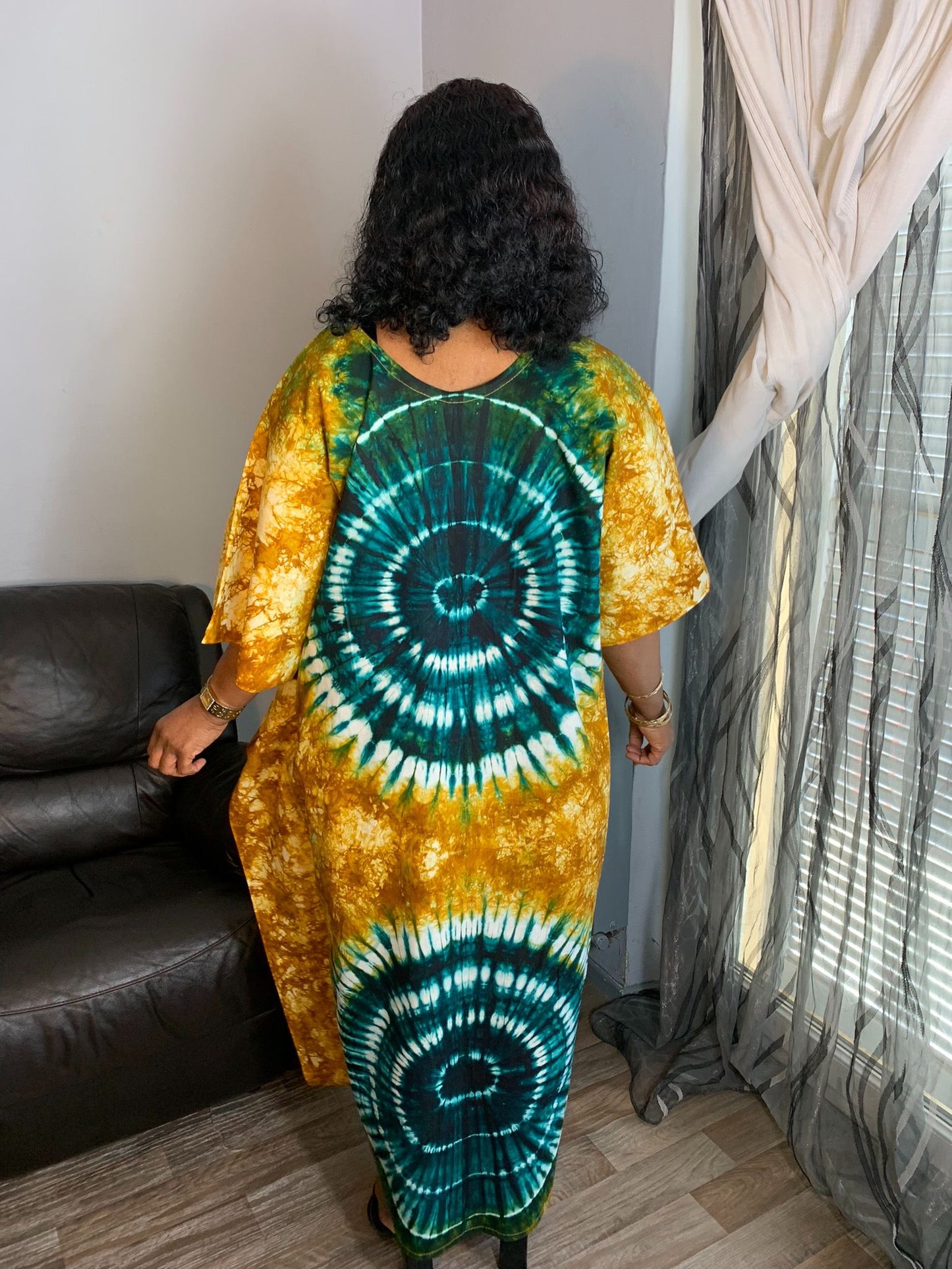 Robe Longue Boubou Batik Makeba Camel Vert 100%Coton