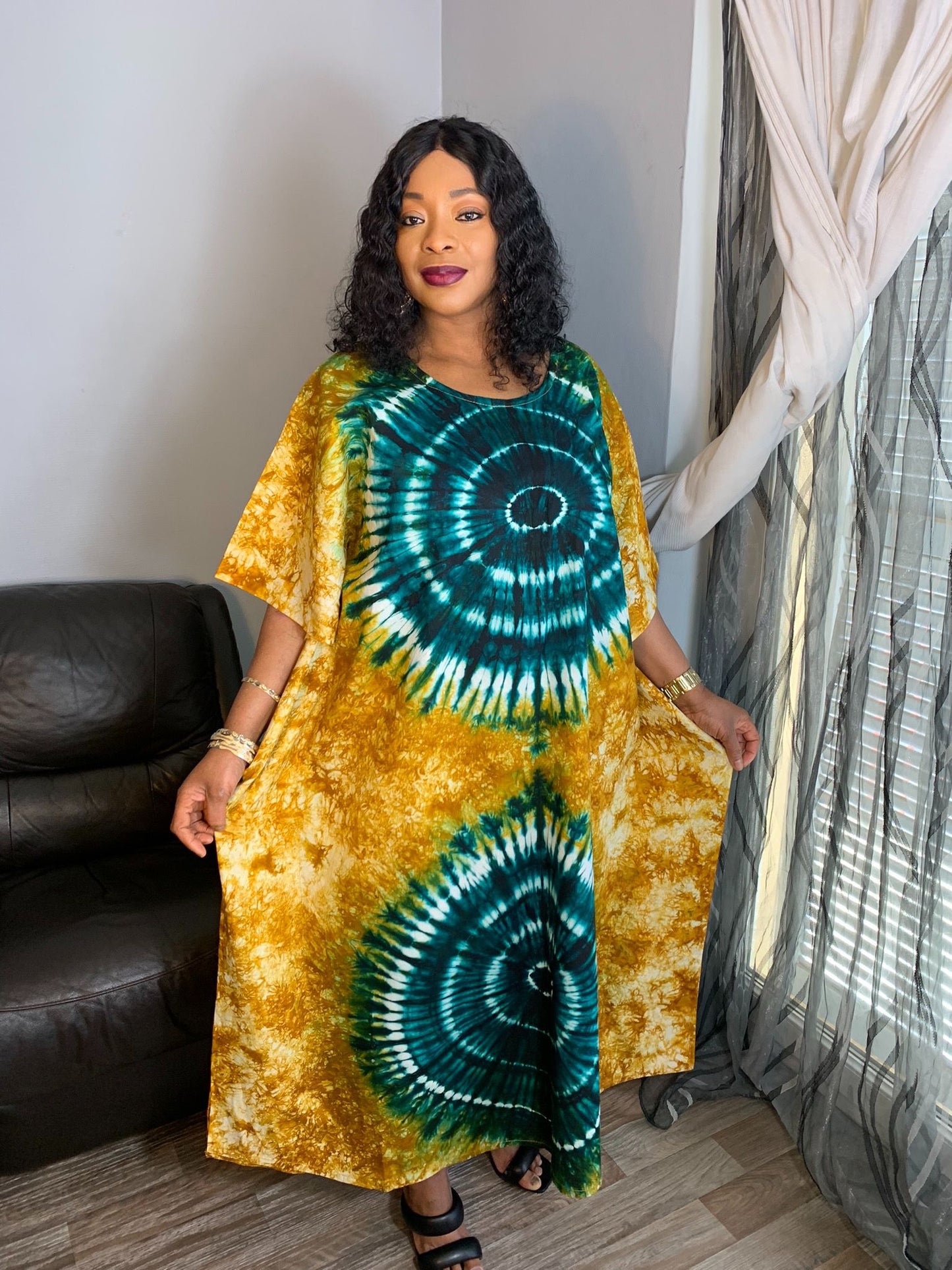Robe Longue Boubou Batik Makeba Camel Vert 100%Coton