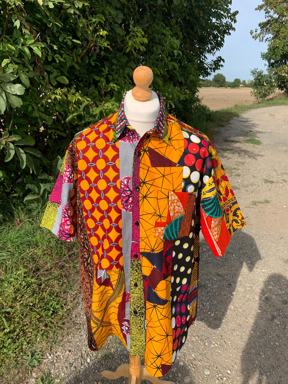 Chemise Homme Wax Patchwork Avec Col 100%Coton Doux Ankara Colorée Multicolore.