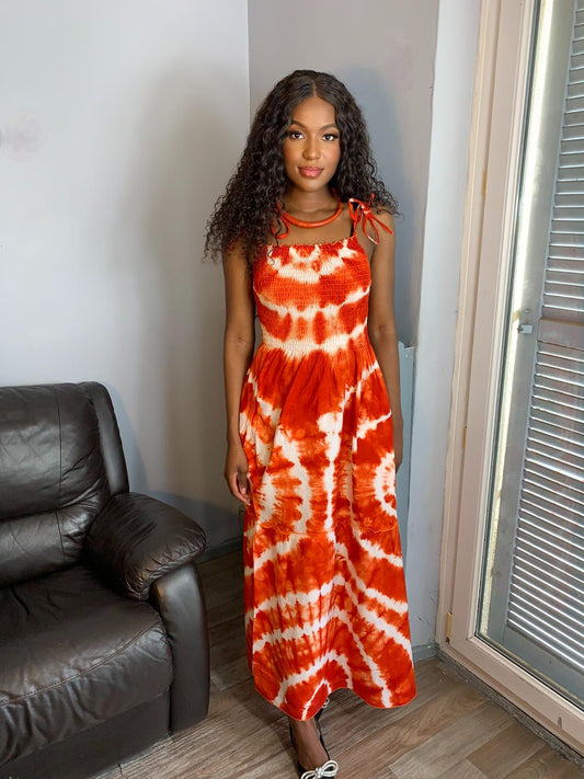 Indigo Batik Kleid in Orange und Burgunderrot