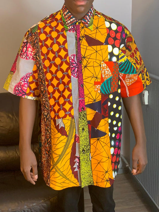Herren-Patchworkhemd mit Kragen aus Wachs, 100 % weiche Ankara-Baumwolle, bunt, mehrfarbig.