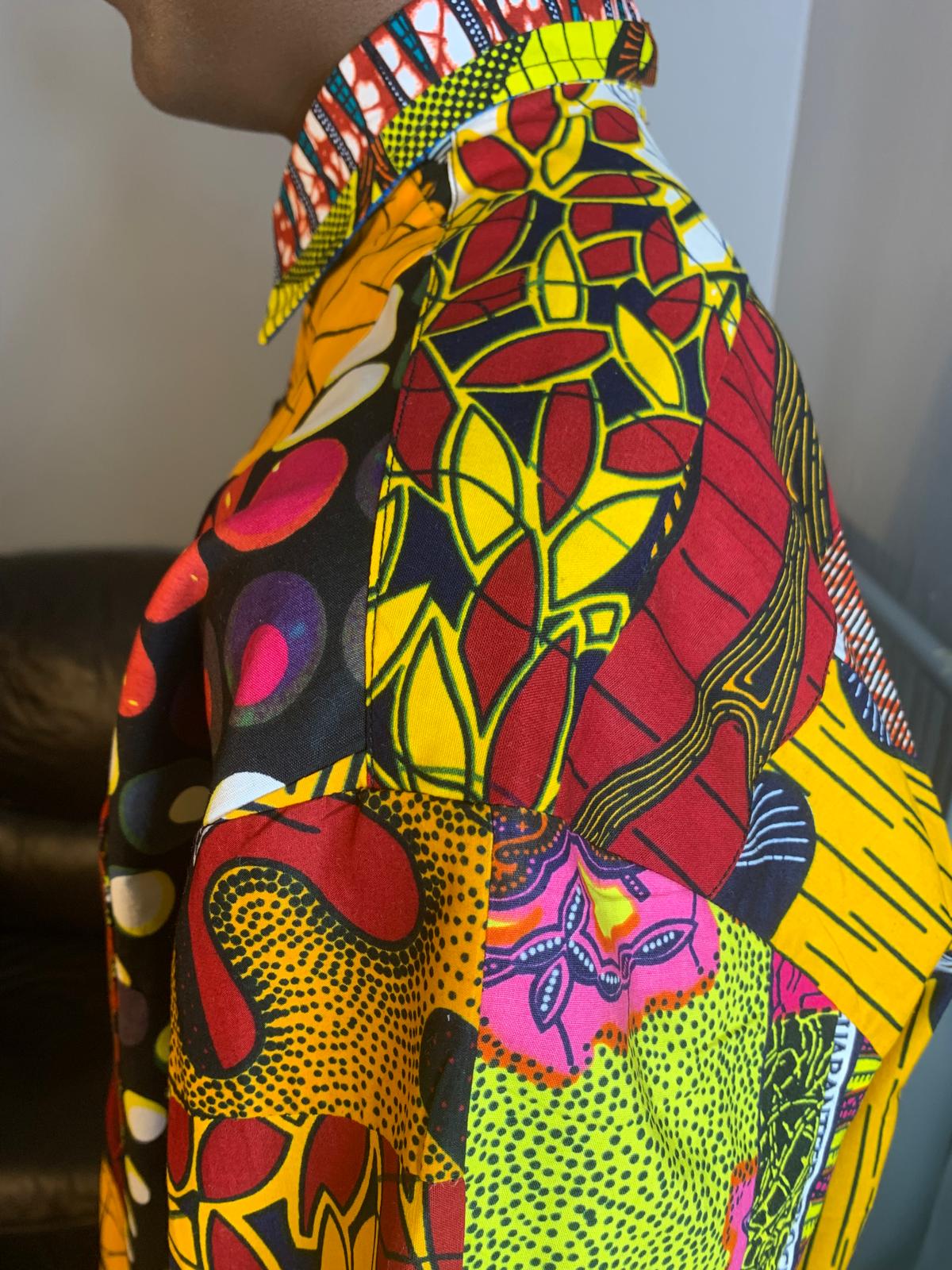 Chemise Homme Wax Patchwork Avec Col 100%Coton Doux Ankara Colorée Multicolore.