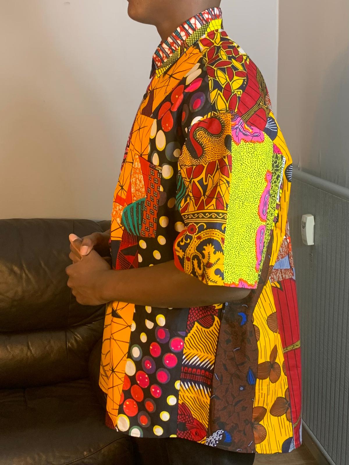 Chemise Homme Wax Patchwork Avec Col 100%Coton Doux Ankara Colorée Multicolore.