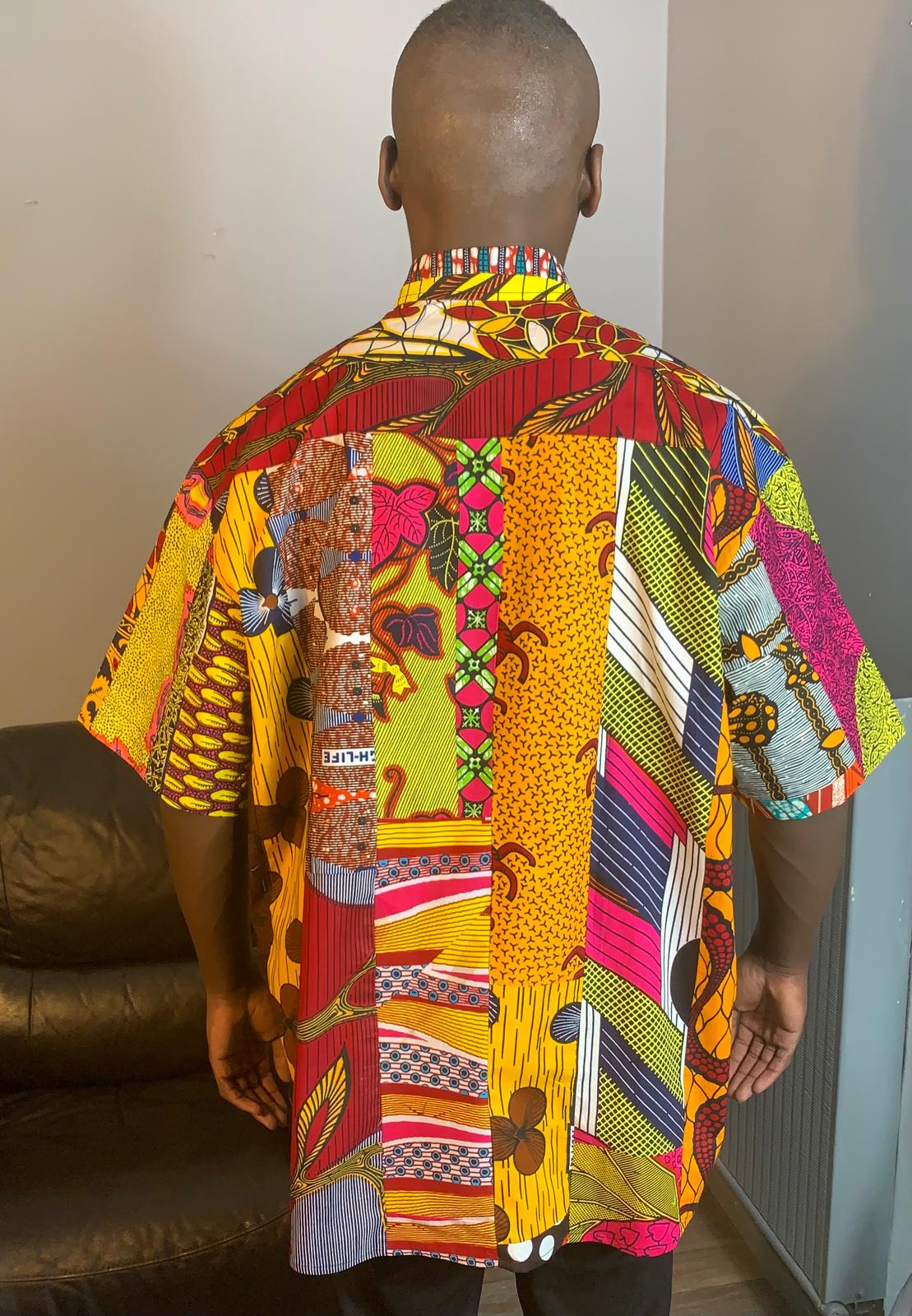 Chemise Homme Wax Patchwork Avec Col 100%Coton Doux Ankara Colorée Multicolore.