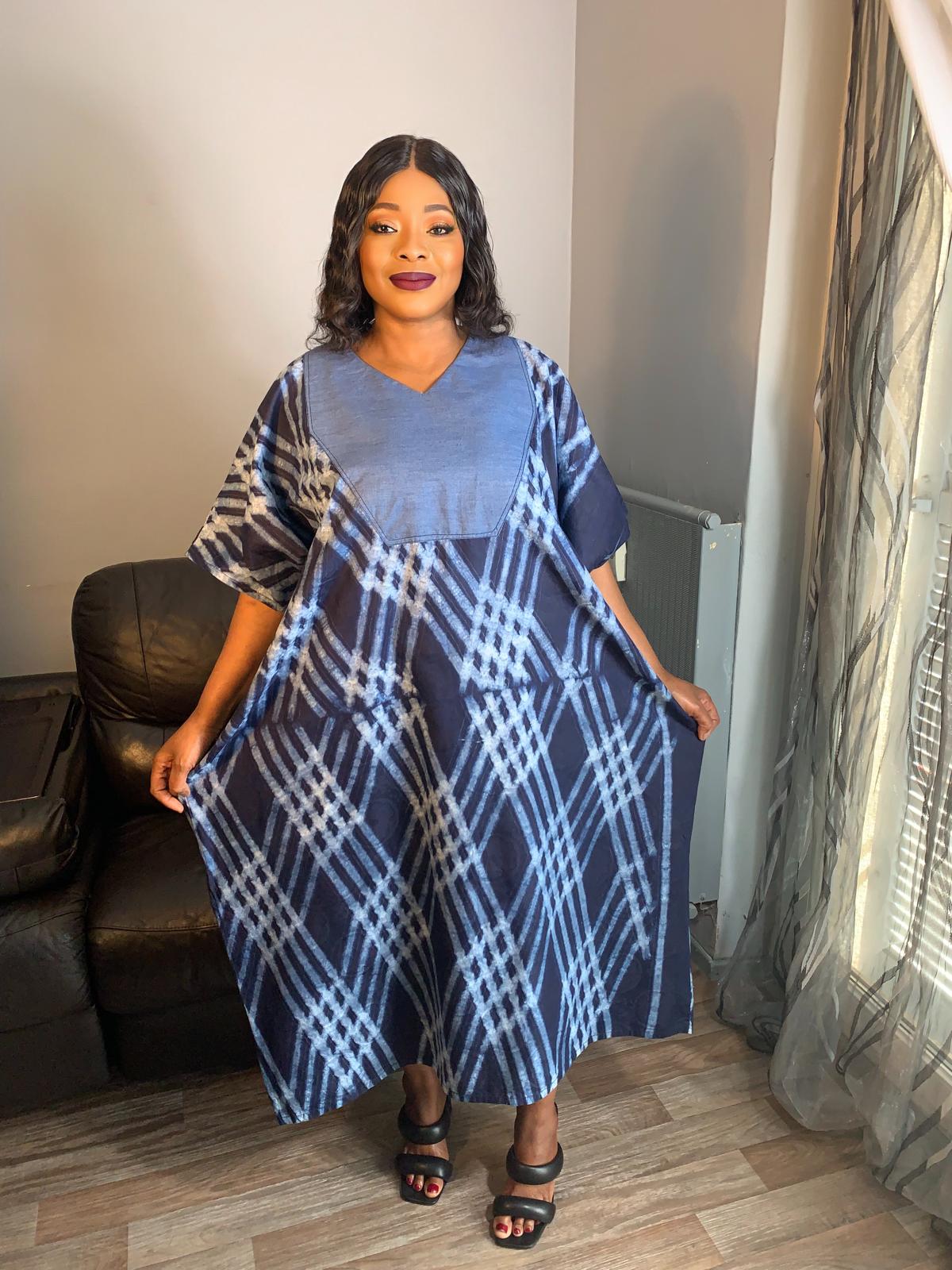 Robe femme, indigo kampala, Adire , Tye and Dye, Batik 100%Coton