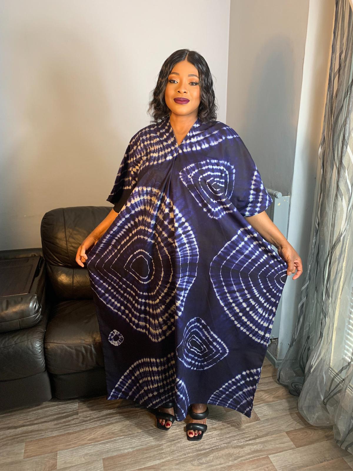 Robe longue Batik Bleu Tye and Dye Bleu Nude Caftan 100%Coton Très Doux Kaftan