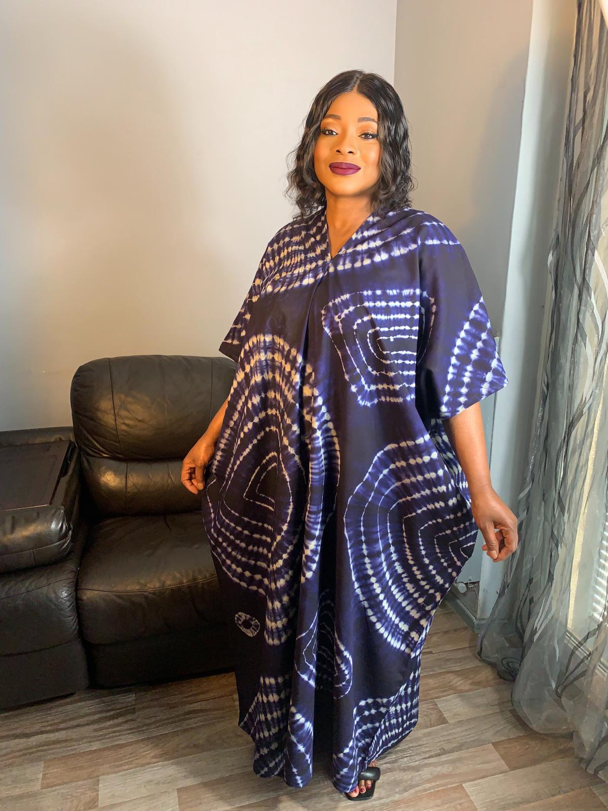 Robe longue Batik Bleu Tye and Dye Bleu Nude Caftan 100%Coton Très Doux Kaftan