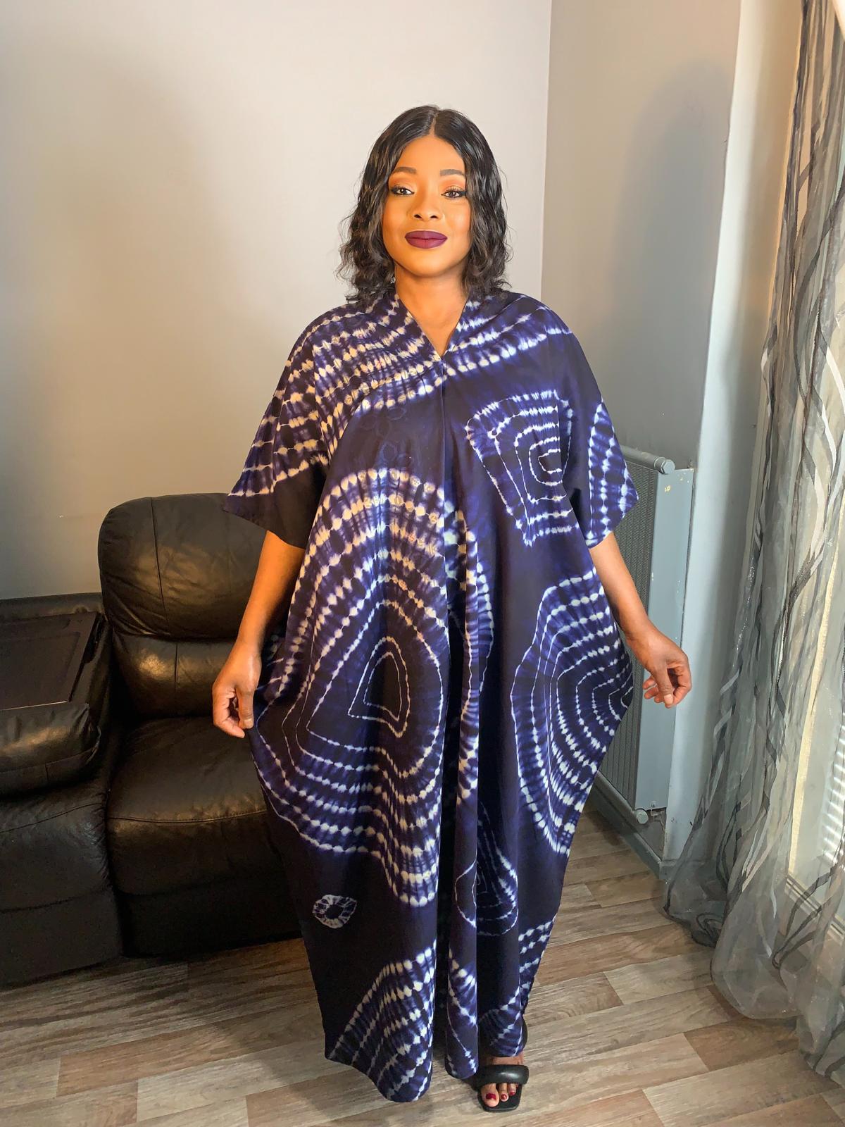 Robe longue Batik Bleu Tye and Dye Bleu Nude Caftan 100%Coton Très Doux Kaftan