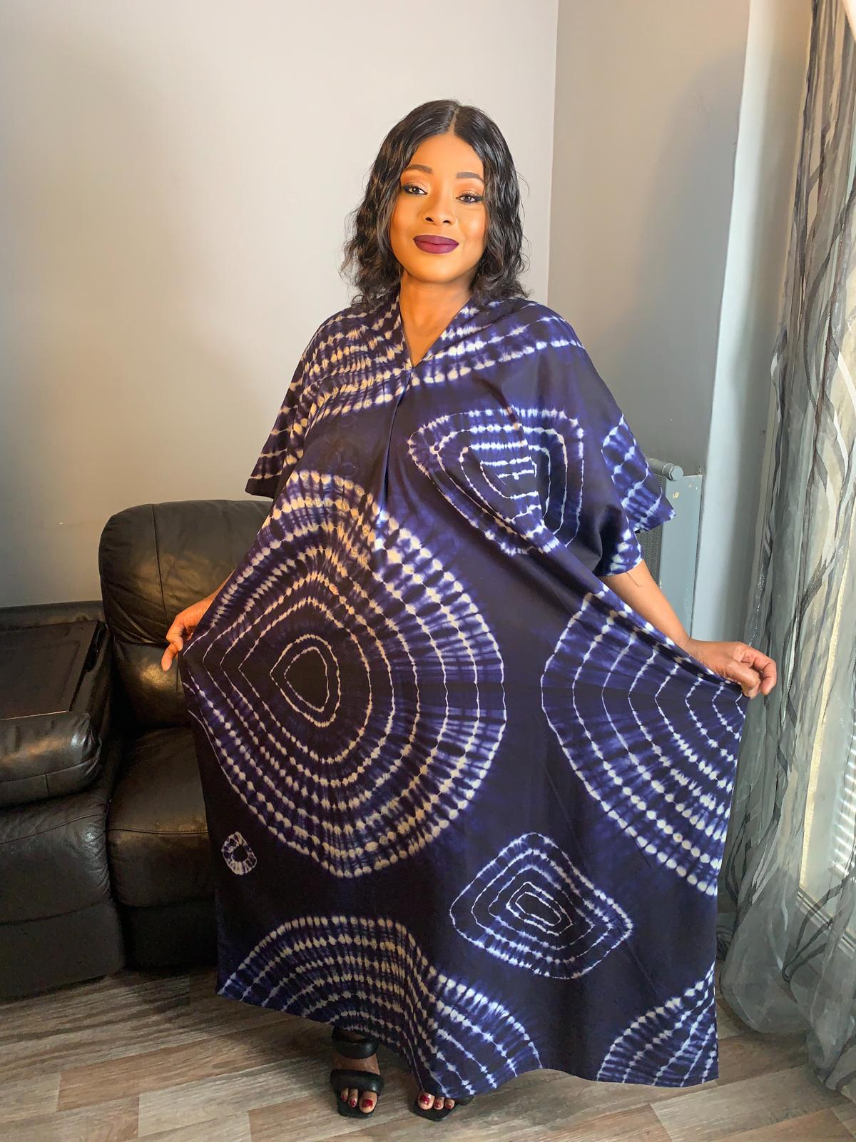 Robe longue Batik Bleu Tye and Dye Bleu Nude Caftan 100%Coton Très Doux Kaftan