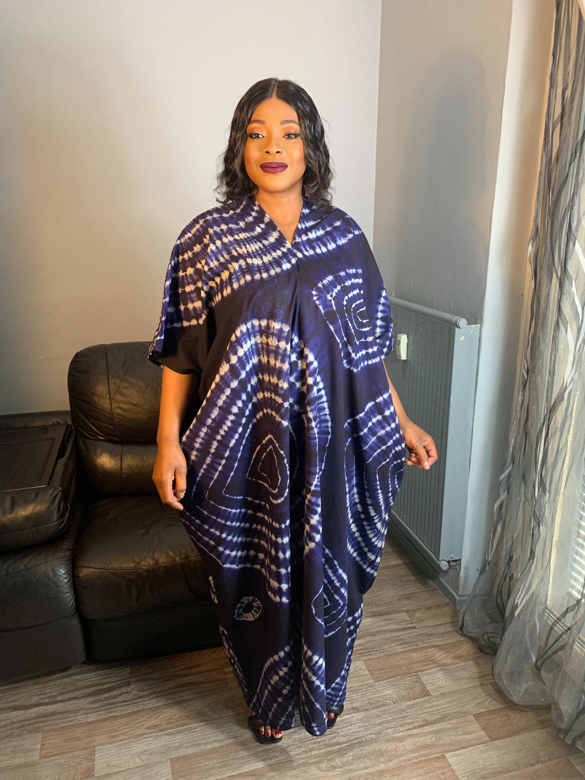 Robe longue Batik Bleu Tye and Dye Bleu Nude Caftan 100%Coton Très Doux Kaftan