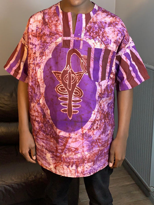 Unisex-Shirt, Batik, Lila, kurze Ärmel, einfarbig, Sägefischmuster.